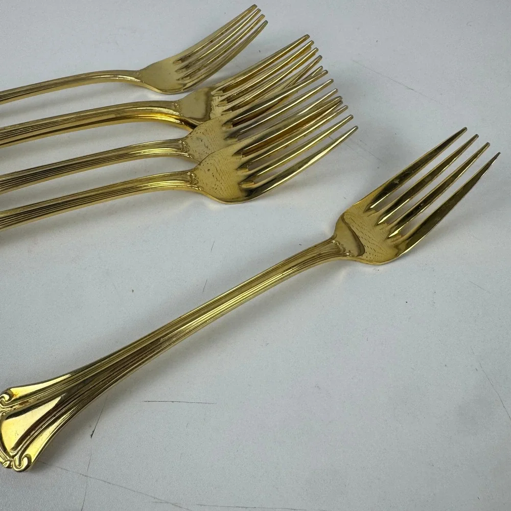 Vtg Royal Gallery Gold Tone Dinner Forks Set 6 Japan Flared Scroll Handle